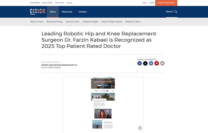 screenshot of the article titled : Leading Robotic Hip and Knee Replacement Surgeon Dr. Farzin Kabaei is Recognized as 2025 Top Patient Rated Doctor